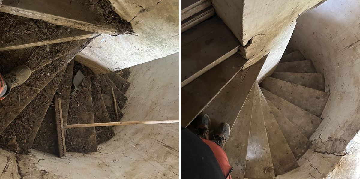 Remise au propre d'un escalier en pierre, avant et après